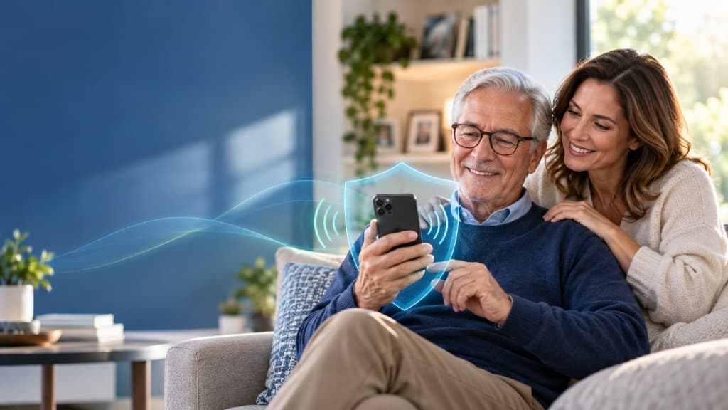 An older adult and a family member sitting together on a sofa, looking at a smartphone with a protective shield around the phone