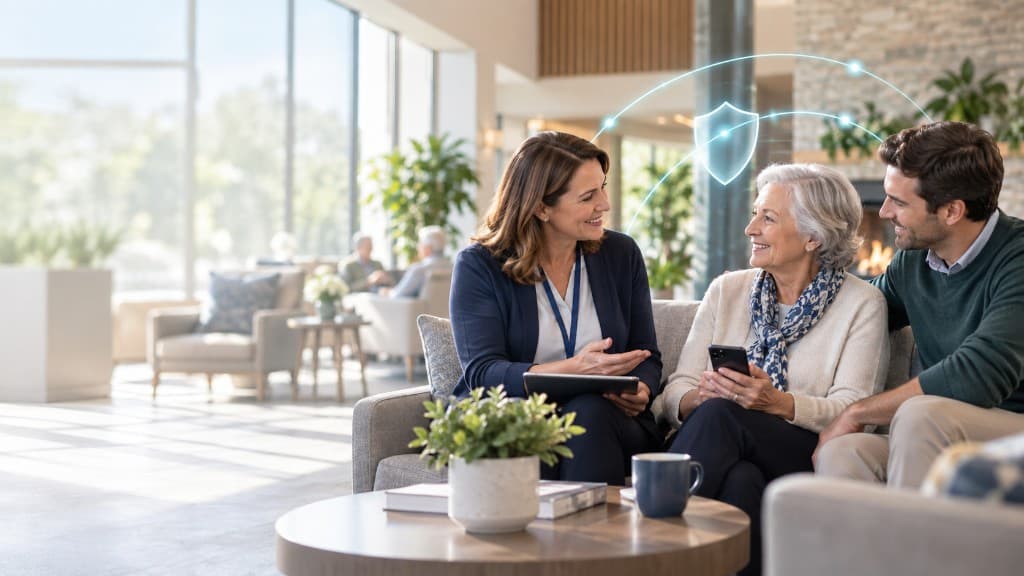A staff member meeting with an older adult and a family member in a senior living lounge, with a protective shield overlay